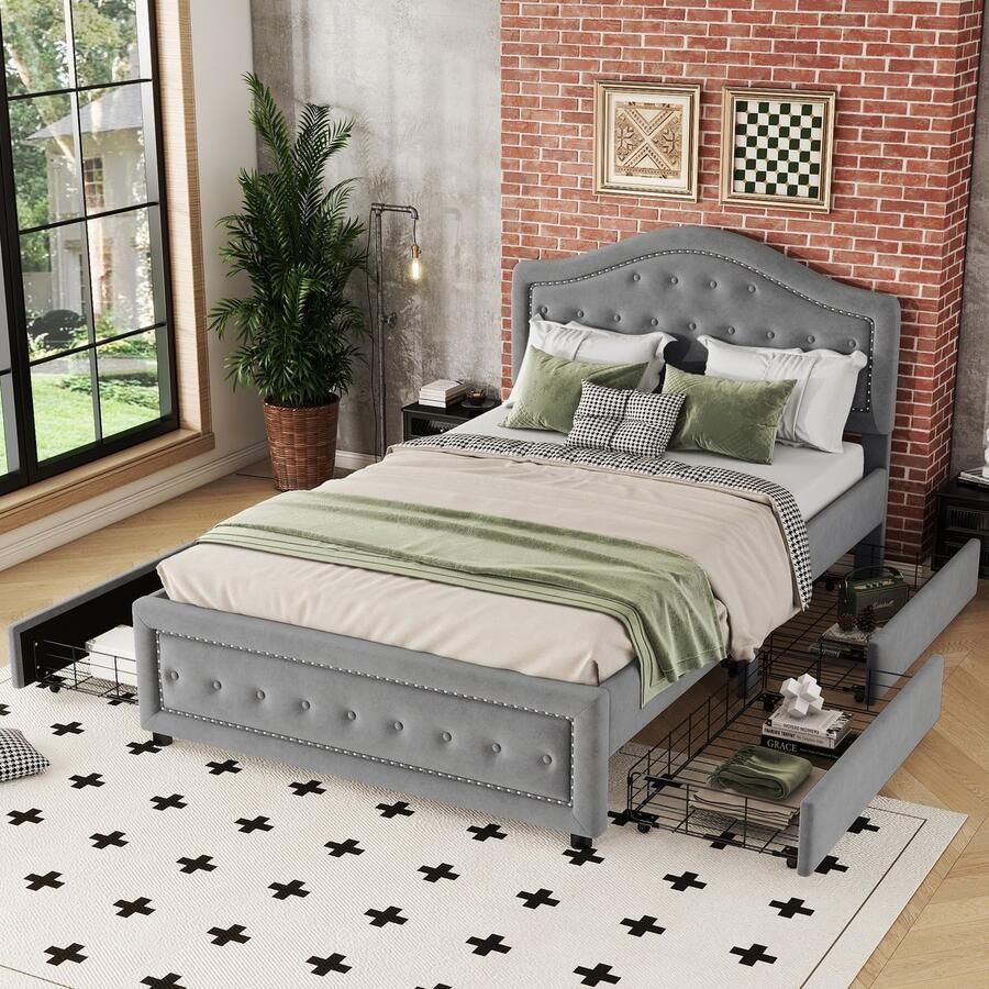 Sweiko Gestoffeerd bed 140 x 200 cm Tweepersoonsbed met Flat noedles frame (geen matras) Fluweel Minimalistische stijl Grijs