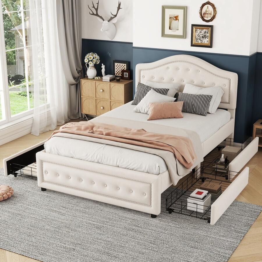 Sweiko Gestoffeerd bed 140 x 200 cm Tweepersoonsbed met Flat noedles frame (geen matras) Fluweel Minimalistische stijl Beige