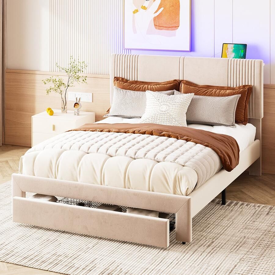 Sweiko Gestoffeerd bed 140 x 200 cm tweepersoonsbed met lichtstrip en USB-aansluiting rugleuning en grote lade huidvriendelijk tweepersoonsbed in fluwelen stof geschikt voor volwassenen en tieners beige