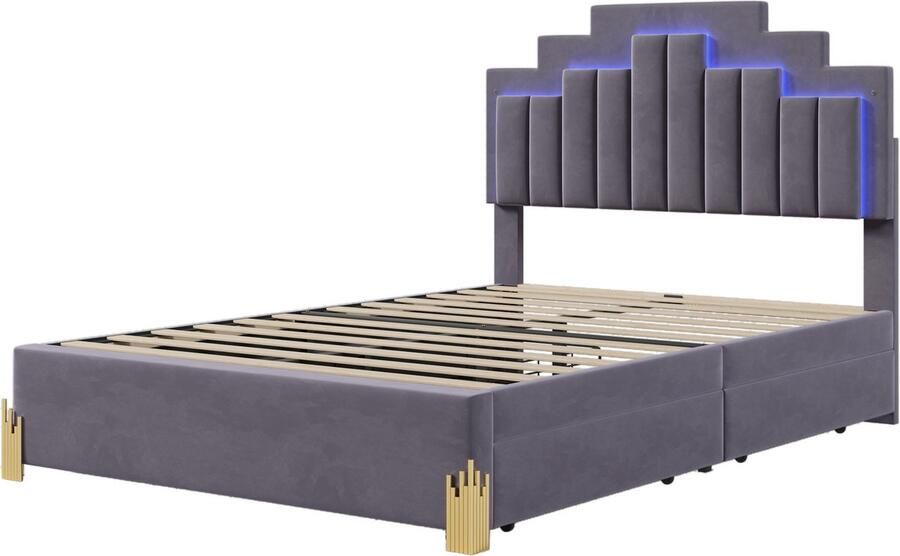 Sweiko Gestoffeerd bed 140 x 200 cm Unieke vorm Tweepersoonsbed met LED licht en opberglades Hoofdboord in hoogte verstelbaar Jeugdbed met lattenbod Fluweel Grijs