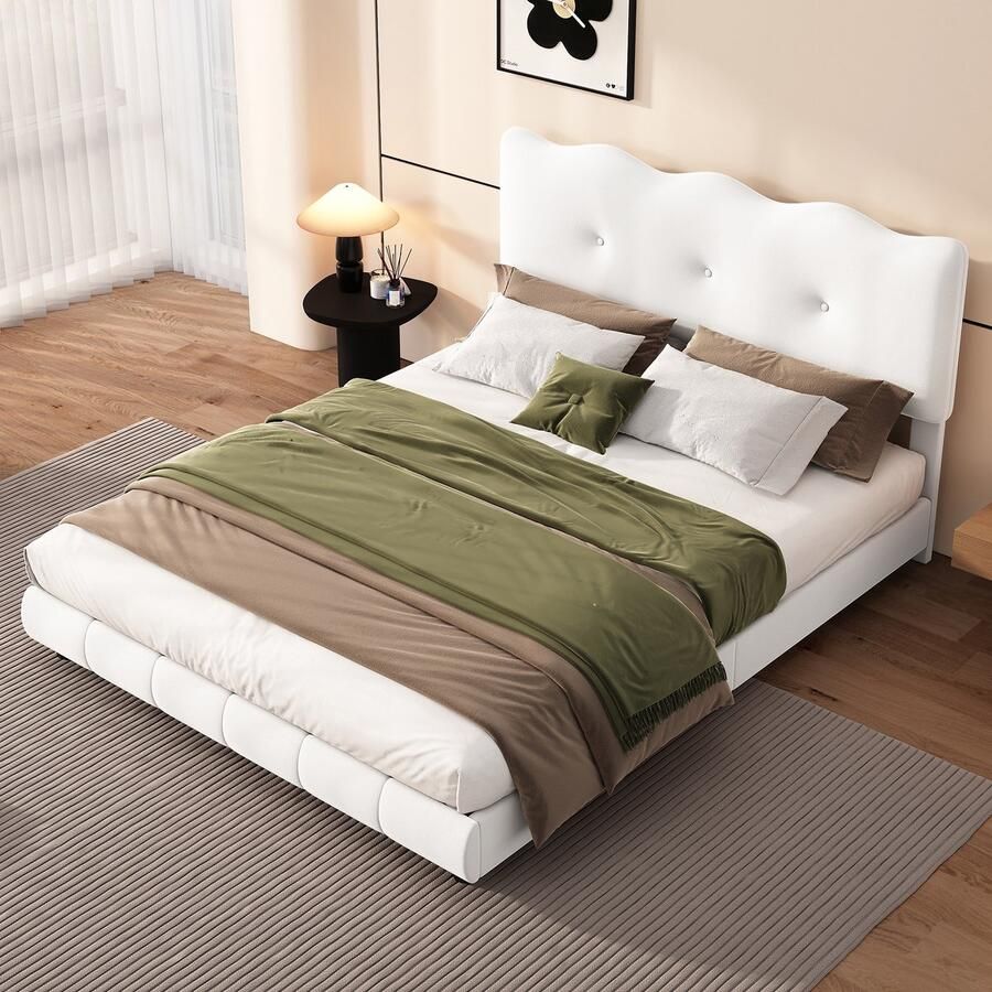 Sweiko Gestoffeerd bed 140 x 200cm Hoofdeinde Golven en wolken Verstelbaar hoofdeinde Fluweel bed met Flat noedles frame (zonder matras) minimalistisch Wit