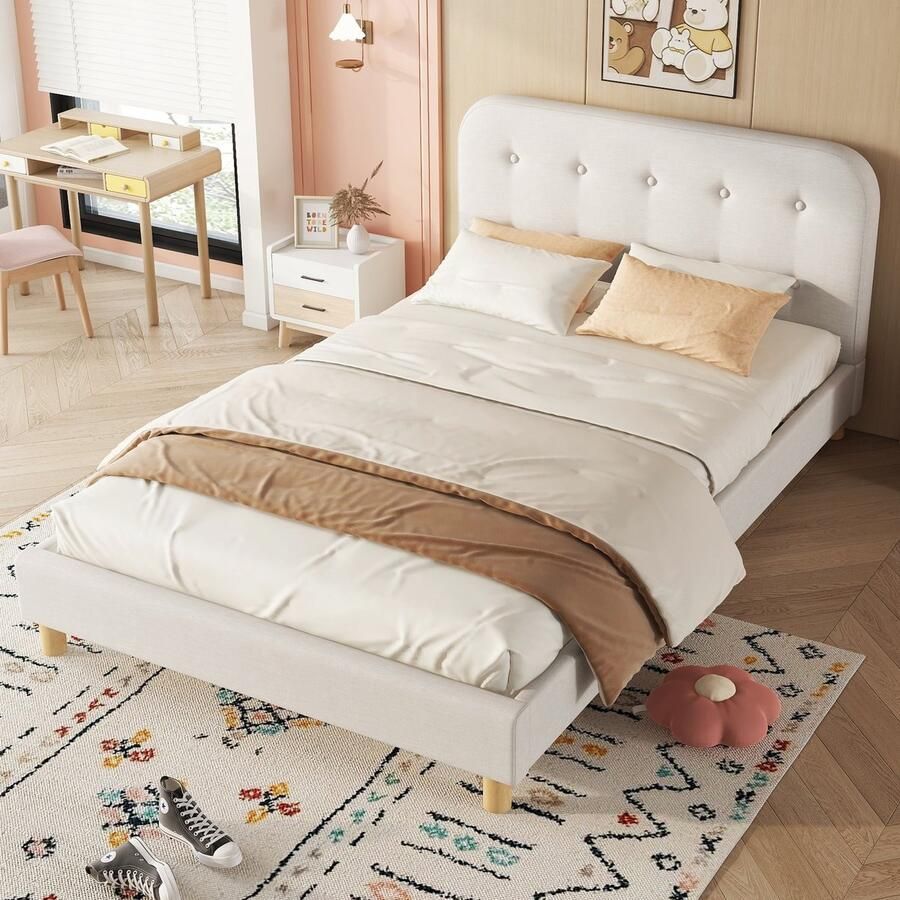 Sweiko Gestoffeerd bed 140 x 200cm Tweepersoonsbed (zonder matras) Linnen Minimalistische stijl Beige