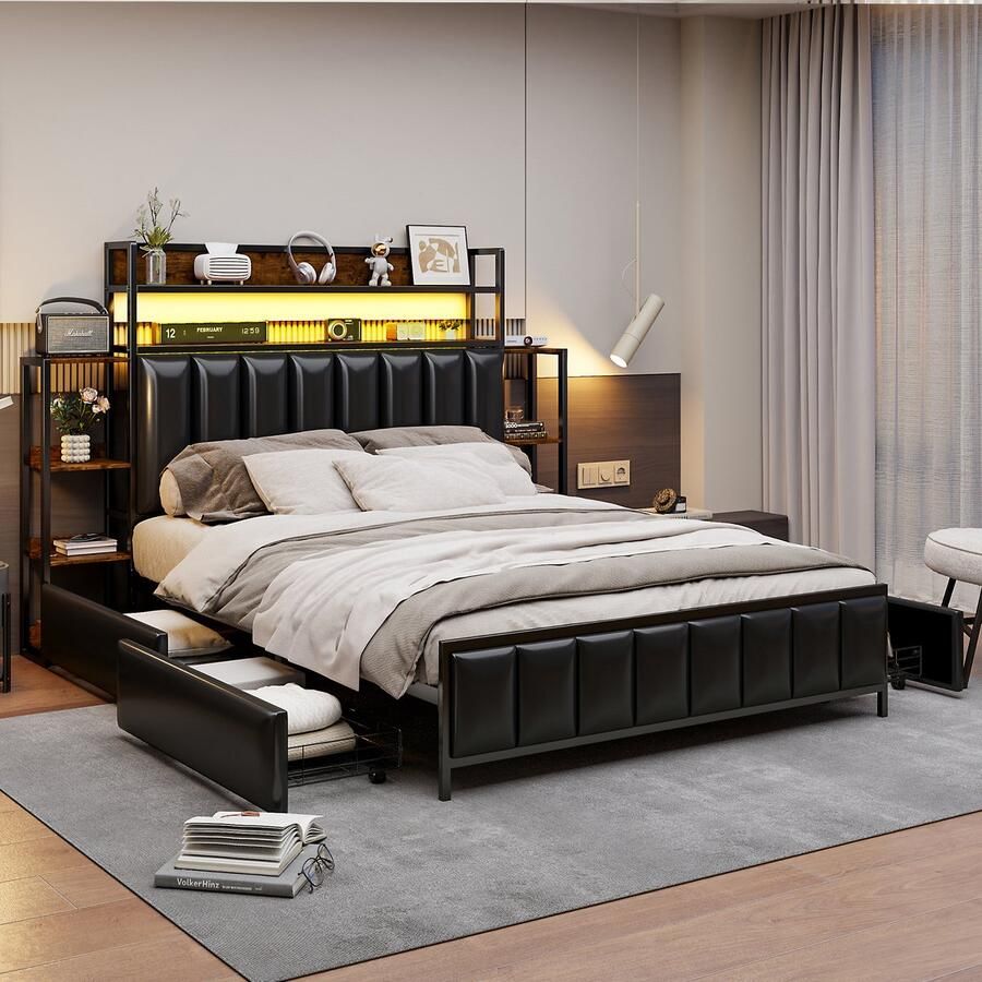 Sweiko Gestoffeerd bed 140*200 cm Met verschillende planken Met LED-verlichting Met opbergvakken Hoofdbord met opbergruimte Massief ijzeren bedframe Tweepersoonsbed Beddenhoes van kunstleer Zwart