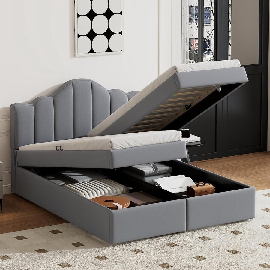 Sweiko Gestoffeerd bed 140*200 cm Tweepersoonsbed met zacht hoofdeinde Hefbed Grote opbergruimte onder het bed Grijs
