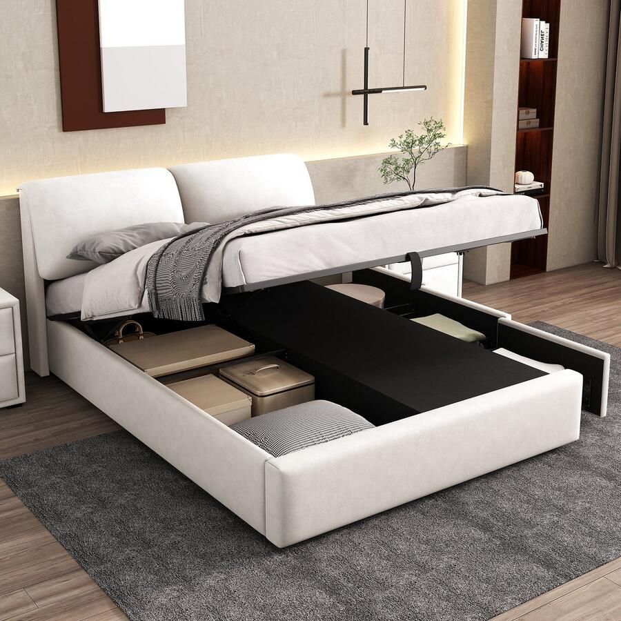 Sweiko Gestoffeerd bed 140*200cm hydraulisch bed drie laden opbergdoos lattenbod met hoofdeinde zonder matras fluweel Wit