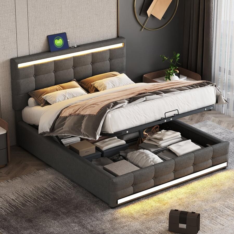 Sweiko Gestoffeerd bed 140*200cm LED bedframe met Grote opbergruimte en 2 USB-oplaadstations Bedframe hoofdbord in hoogte verstelbaar Grote opbergruimte in linnenstof Tweepersoonsbed platformbed Grijs