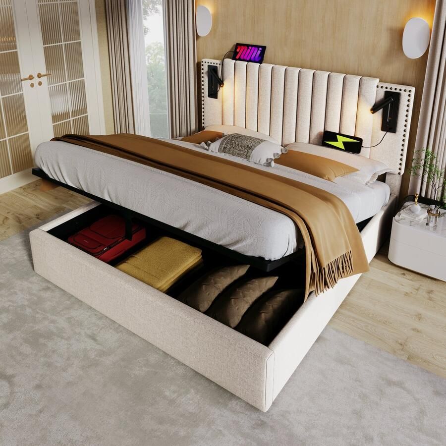 Sweiko Gestoffeerd bed 180x200cm Dubbel bed Opbergbedbox Leeslampje Hoofdbord met USB-oplaadfunctie Klinknagel ontworpen rugleuning bed met Flat noedles frame en bedbox katoen Beige (Zonder matras)