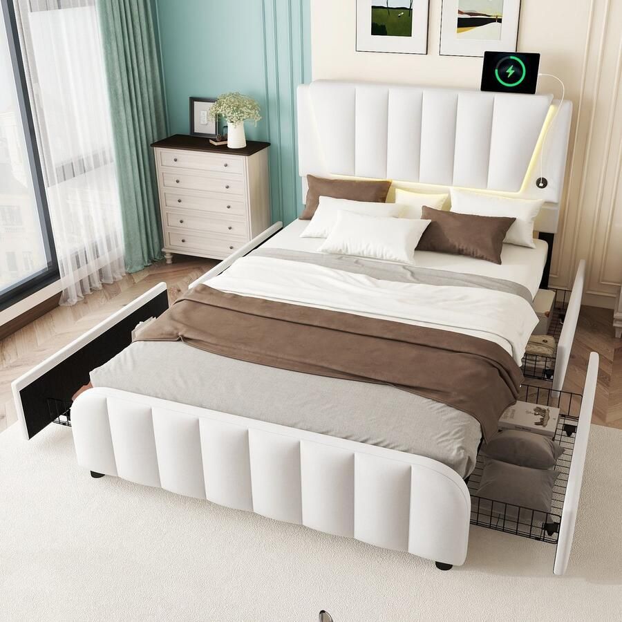 Sweiko Gestoffeerd bed 140x200cm LED-verlichting vier lades linnen zonder matras beige