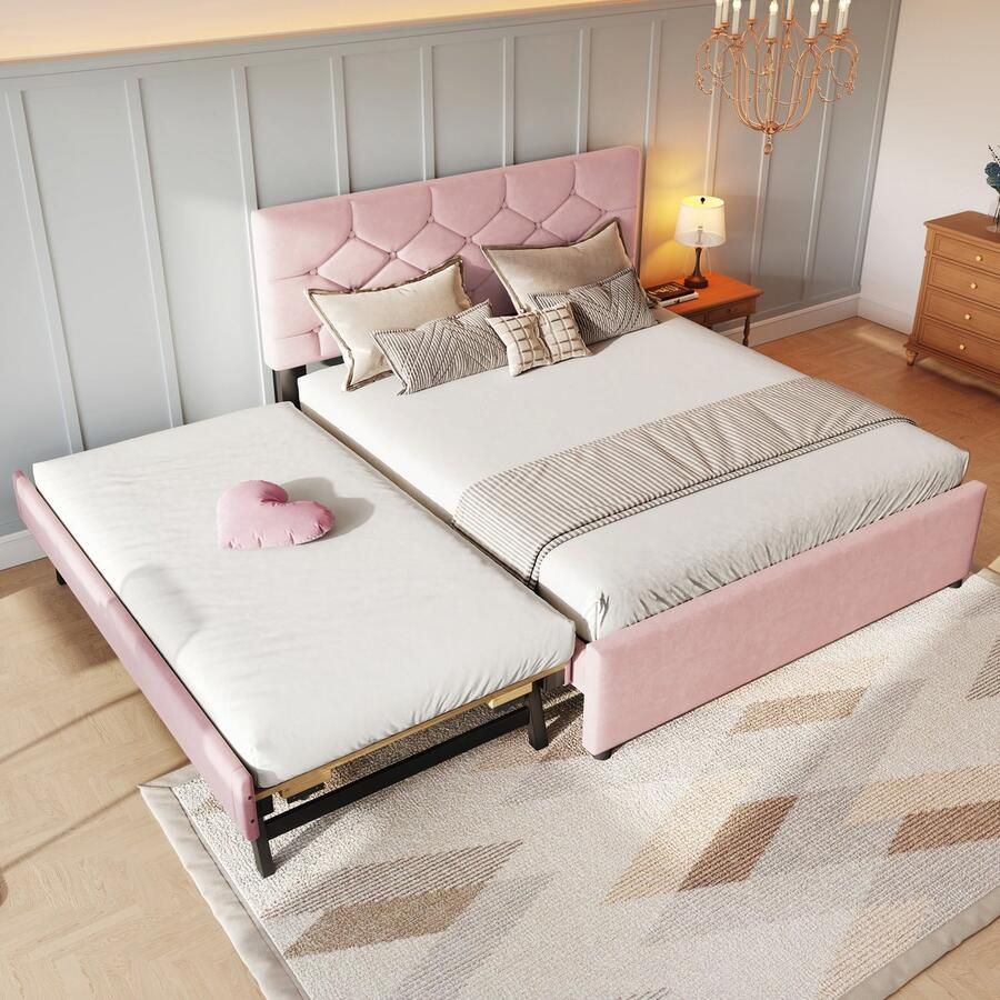 Sweiko Gestoffeerd bed 140x200cm Met uitschuifbaar bed Zonder matras Velvet Roze