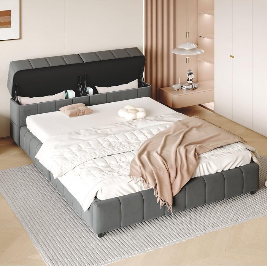 Sweiko Gestoffeerd bed 140x200cm Open en dicht hoofdeinde met opbergruimte comfortabel schuin hoofdeinde met Vlak noedelsframe tweepersoonsbed jeugdbed volwassen bed plat bed fluwelen stof Grijs