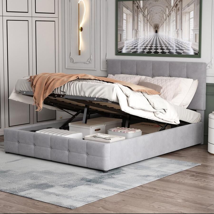 Sweiko Gestoffeerd bed 140x200cm Tweepersoonsbed met Hydraulische Hefbergruimte in hoogte verstelbaar gestoffeerd hoofdeinde metaal Vlakke noedels grille huidvriendelijk fluwelen stof tweepersoonsbed volwassen jeugdbed Grijs