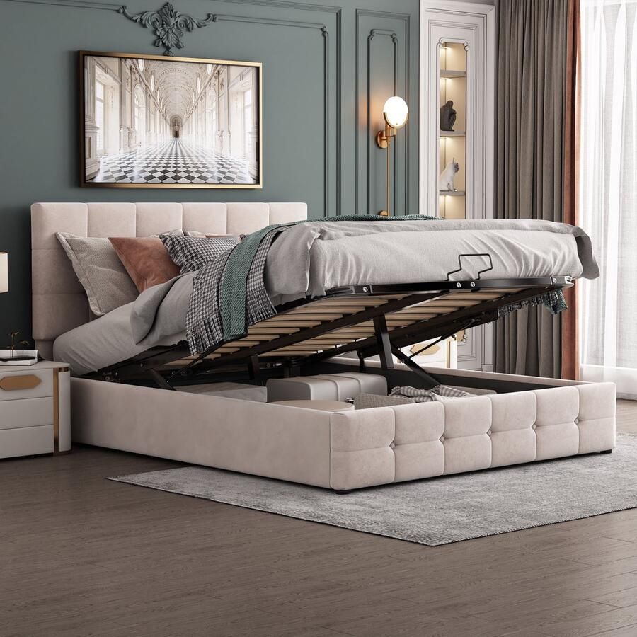 Sweiko Gestoffeerd bed 140X200cm Tweepersoonsbed met opslagruimte van hydraulisch liftbed in hoogte verstelbaar Gestoffeerd hoofdeinde metaal Vlakke noedels grille huidvriendelijke fluwelen stof dubbele laag volwassen jeugdbed Melkwit