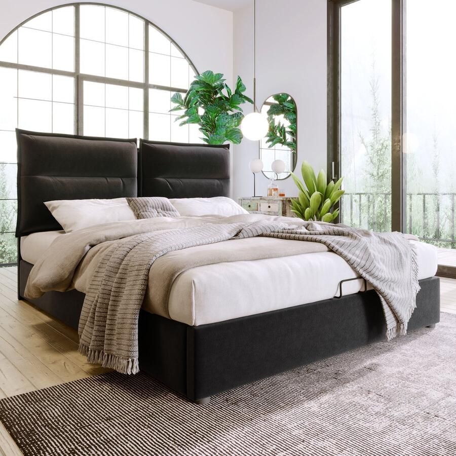 Sweiko Gestoffeerd bed 140x200cm Verstelbaar Hoofdeinde Bed met Metalen frame Platte noedelsvoet fluweel Moderne bedplaats met opbergruimte Grote bergruimte Zwart (geen matras)