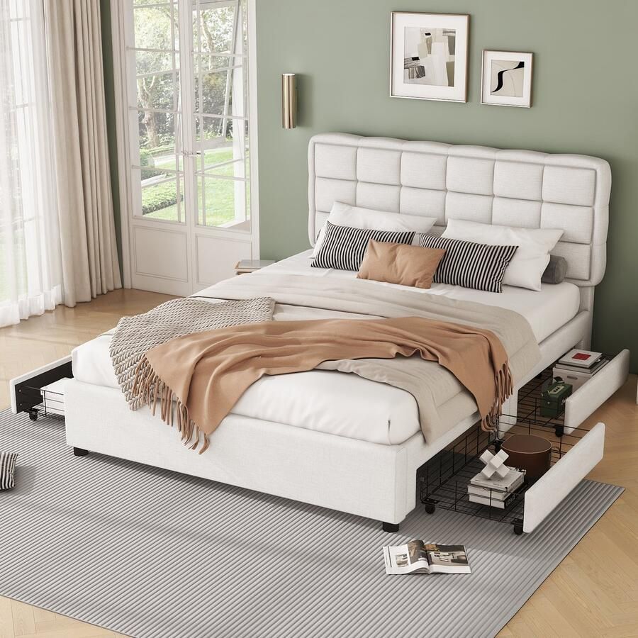 Sweiko Gestoffeerd bed 140x200cm vier laden linnen zonder matras beige