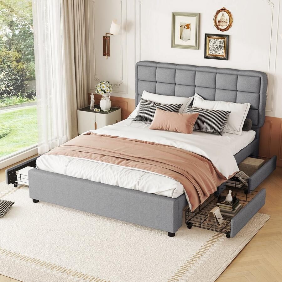 Sweiko Gestoffeerd bed 140x200cm vier laden linnen zonder matras grijs