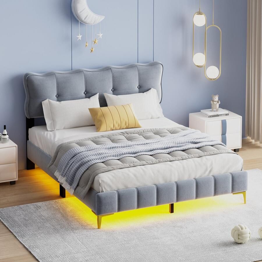 YJZQ Queensbed met LED-verlichting Gestoffeerd lattenbodem met rugleuning Fluweel tweepersoonsbed Hoge metalen poten Grijs 160*200cm (matras niet inbegrepen)