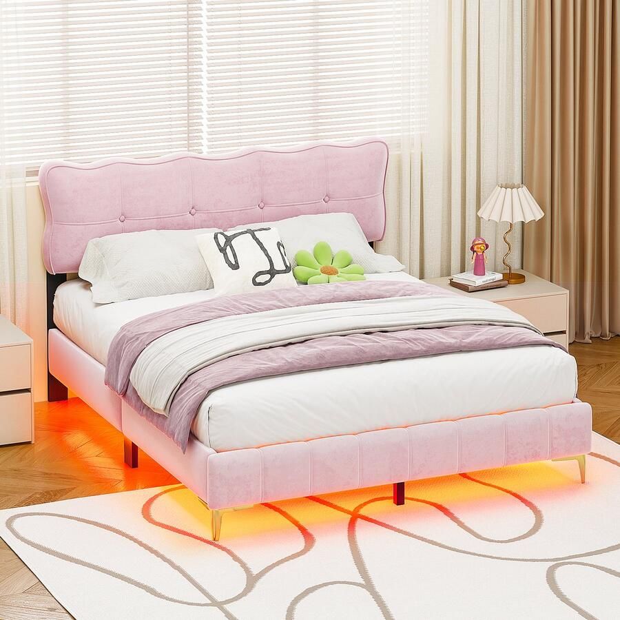 Sweiko Gestoffeerd bed 160 x 200 cm Jeugdbed Tweepersoonsbed met LED verlichting hoge metalen voeten met fluwelen stof met Flat noedles frame Roze (matras niet inbegrepen)