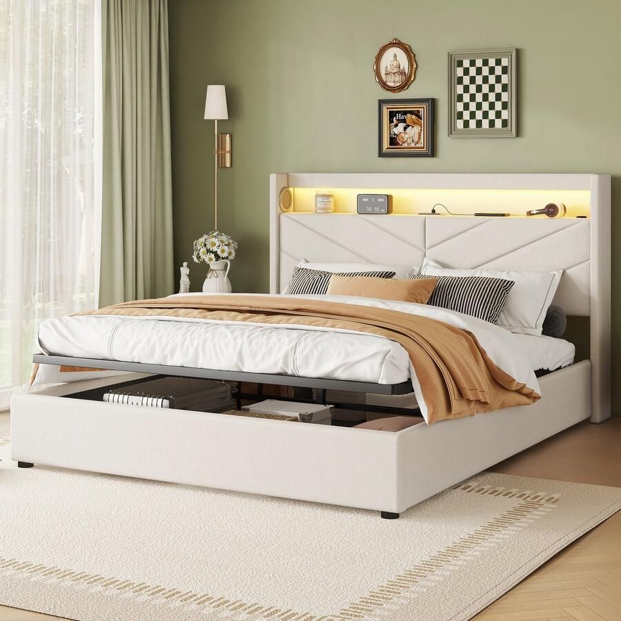 Sweiko Gestoffeerd bed 160 x 200 cm LED-verlichting USB en stereo-installatie zonder matras beige