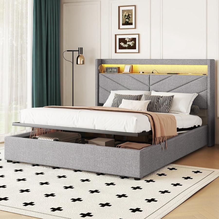 Sweiko Gestoffeerd bed 160 x 200 cm LED-verlichting USB en stereo-installatie zonder matras grijs