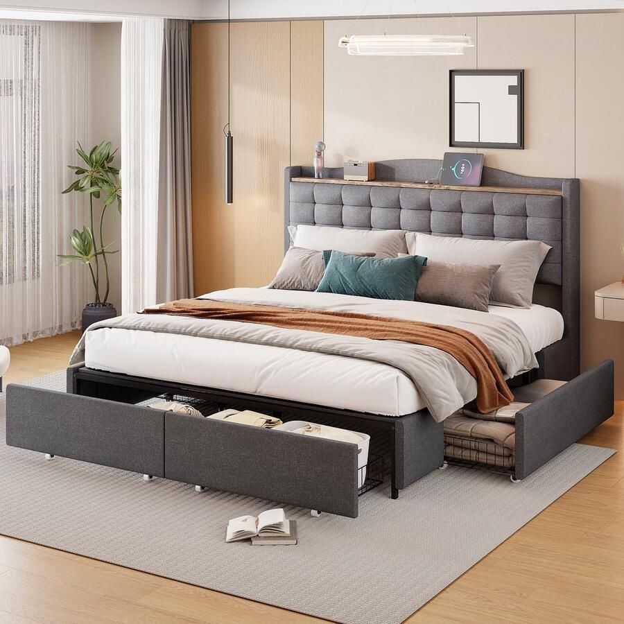 Sweiko Gestoffeerd bed 160*200 cm hoofdeinde met USB-laadpoort en plank tweepersoonsbed met 4 laden linnen stof grijs