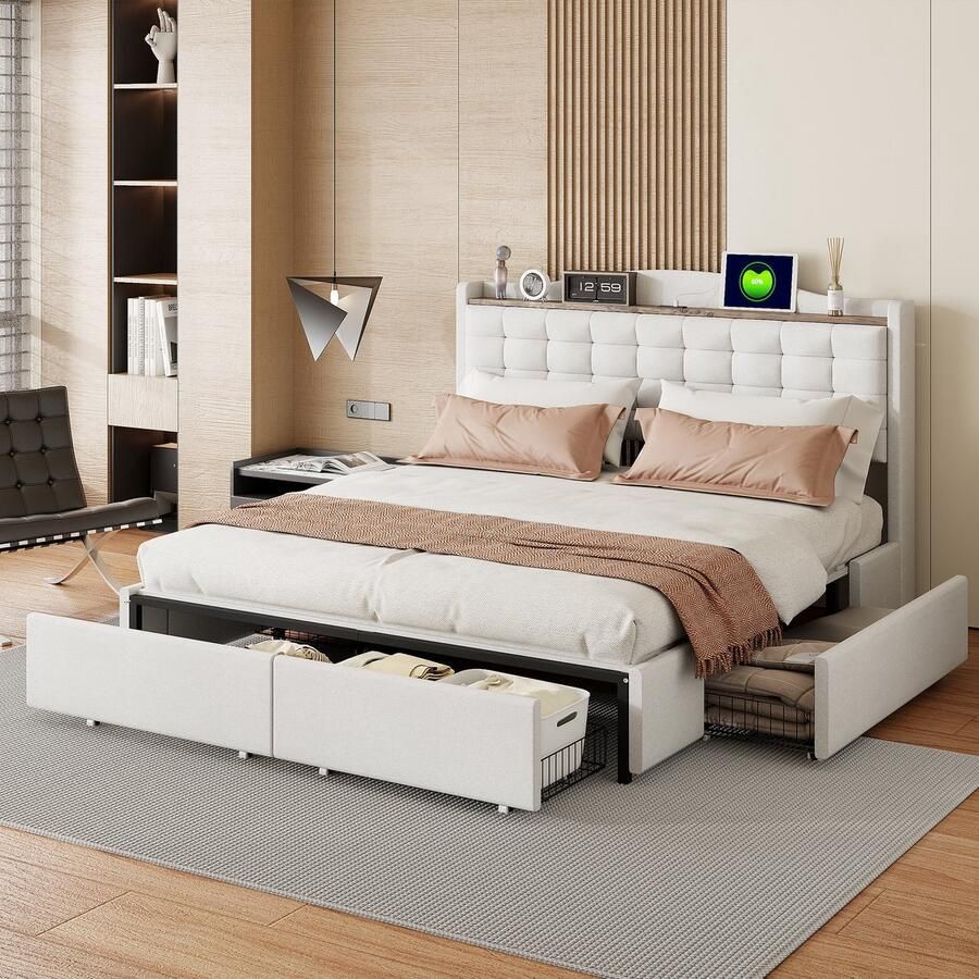 Sweiko Gestoffeerd bed 160*200 cm hoofdeinde met USB-laadpoort en plank tweepersoonsbed met 4 laden linnen stof beige