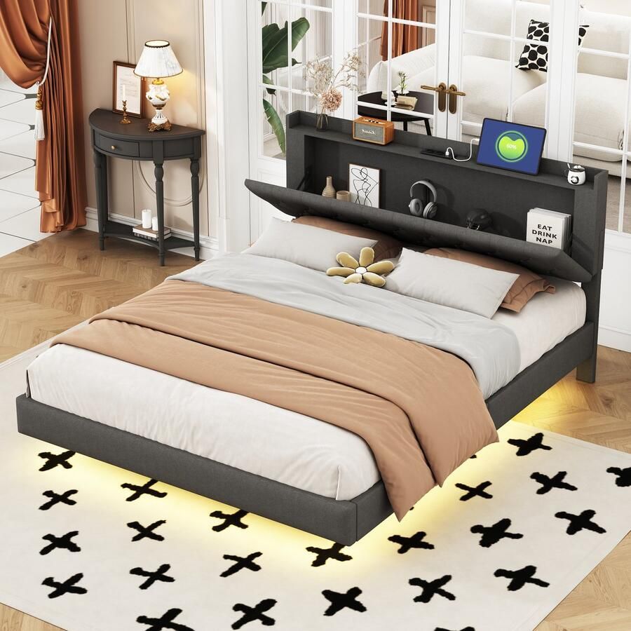 Sweiko Gestoffeerd bed 160*200 cm met USB-oplaadpoort en LED-kleurenveranderlichtstrip tweepersoonsbed in huidvriendelijke linnen stof met lattenbod grijs