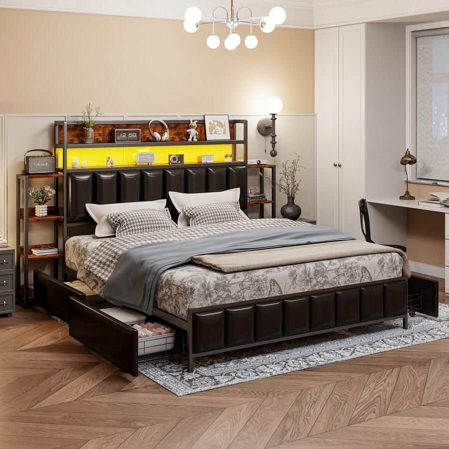 Sweiko Gestoffeerd bed 160*200 cm Met verschillende planken Met LED-verlichting Met opbergvakken Hoofdbord met opbergruimte Massief ijzeren bedframe Tweepersoonsbed Beddenhoes van kunstleer Zwart