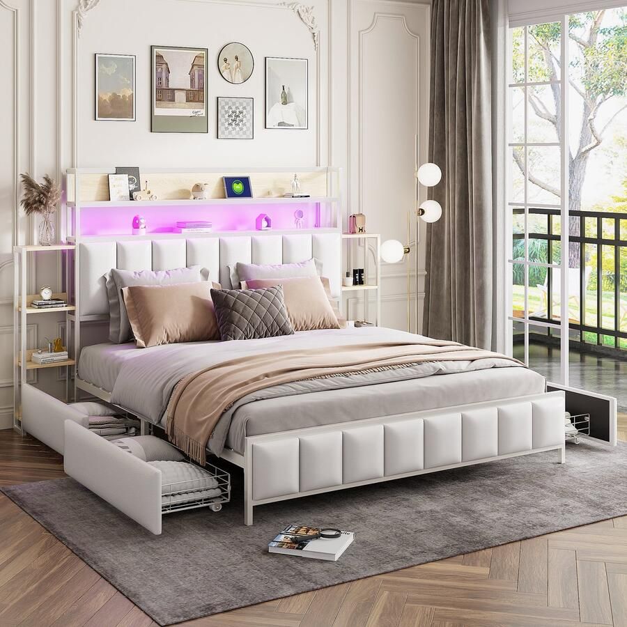 Sweiko Gestoffeerd bed 160*200 cm Met verschillende planken Met LED-verlichting Met opbergvakken Hoofdbord met opbergruimte Massief ijzeren bedframe Tweepersoonsbed Beddenhoes van kunstleer Wit