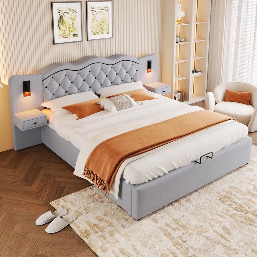 Sweiko Gestoffeerd bed 160*200cm Hydraulische lift USB-poort Twee bedlampjes Zonder matras Grijs