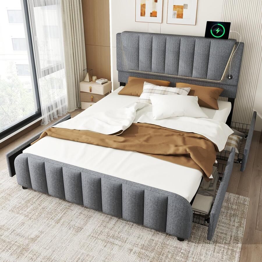 Sweiko Gestoffeerd bed 160x200cm LED-verlichting vier lades linnen zonder matras grijs