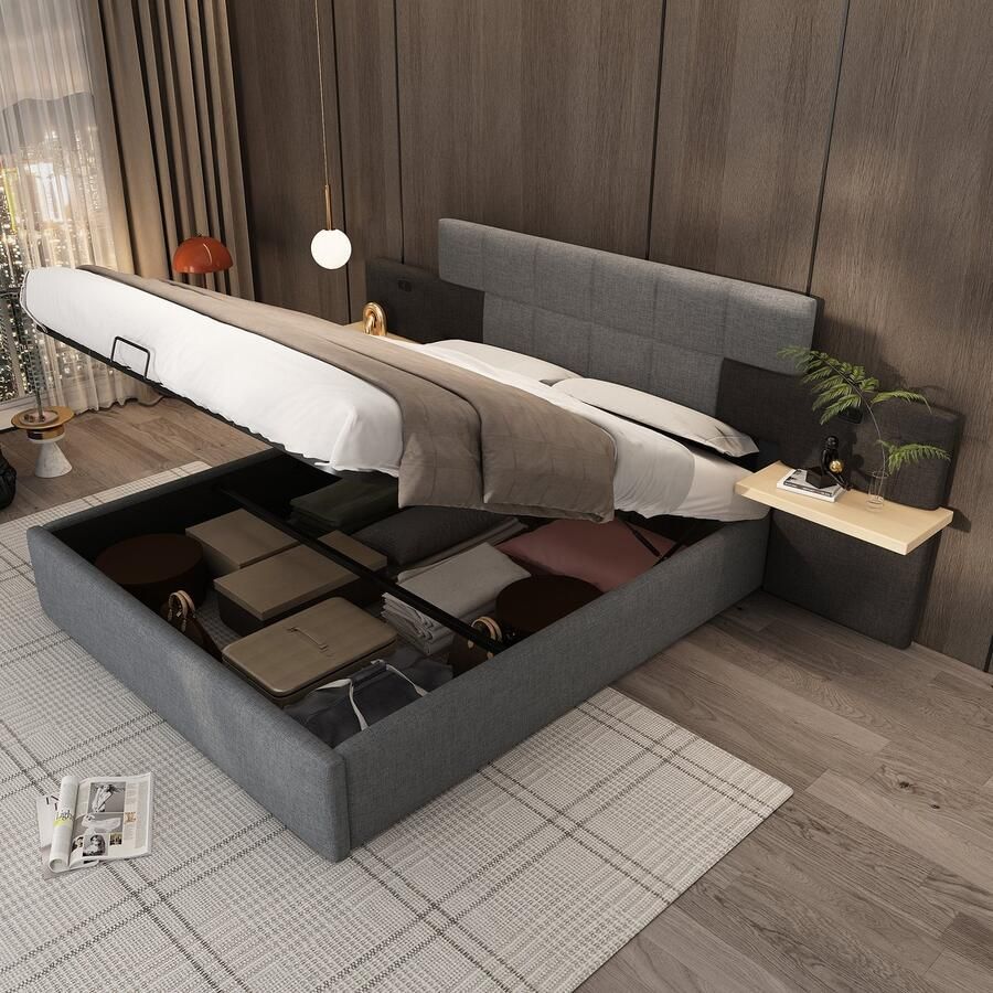 Sweiko Gestoffeerd bed 180 x 200 cm hydraulisch bed met planken en USB-laadcontactdoos houten lattenbodem linnen grijs + zwart