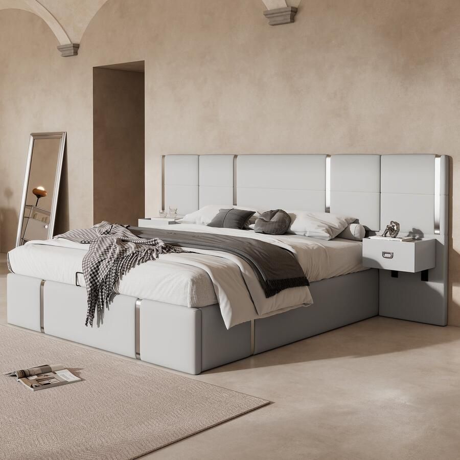 Sweiko Gestoffeerd bed 180 x 200 cm hydraulisch opbergbed met 2 hoofdeinden houten lattenbodem PU+ roestvrij staal grijs