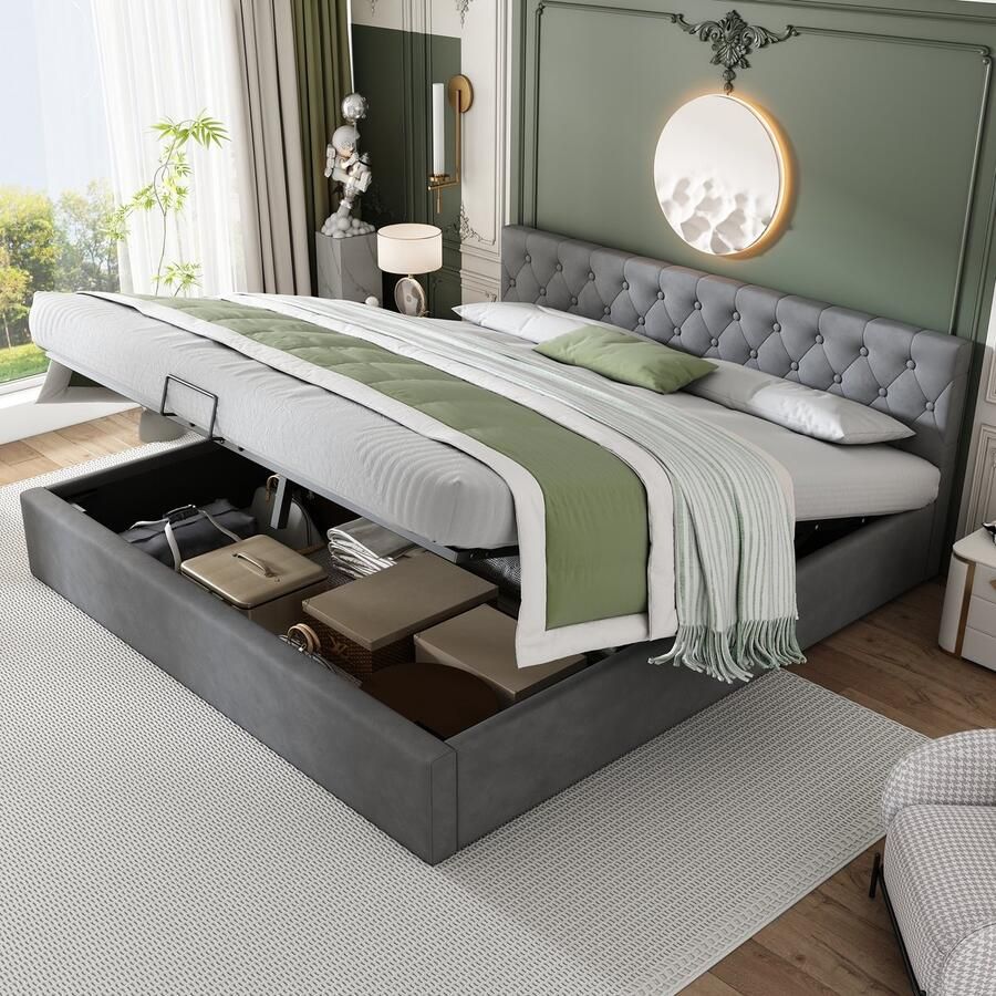 Sweiko Fluwelen stof gestoffeerd bed lattenbod tweepersoonsbed opbergruimte houten voet (Grijs 180 x 200 cm) - Foto 2