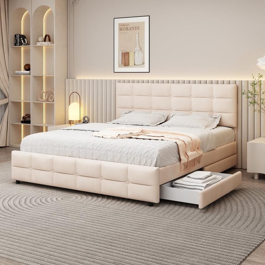 Sweiko Gestoffeerd bed 180 x 200 cm Tweepersoonsbed met 4-laden Vlak noedelsframe en rugleuning huidvriendelijk fluwelen tweepersoonsbed voor volwassenen en tieners Beige (matras niet inbegrepen)
