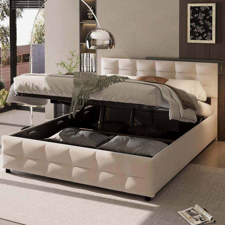 Sweiko Gestoffeerd bed 180*200cm lattenbodem hydraulisch eenpersoonsbed fluweelstof beige