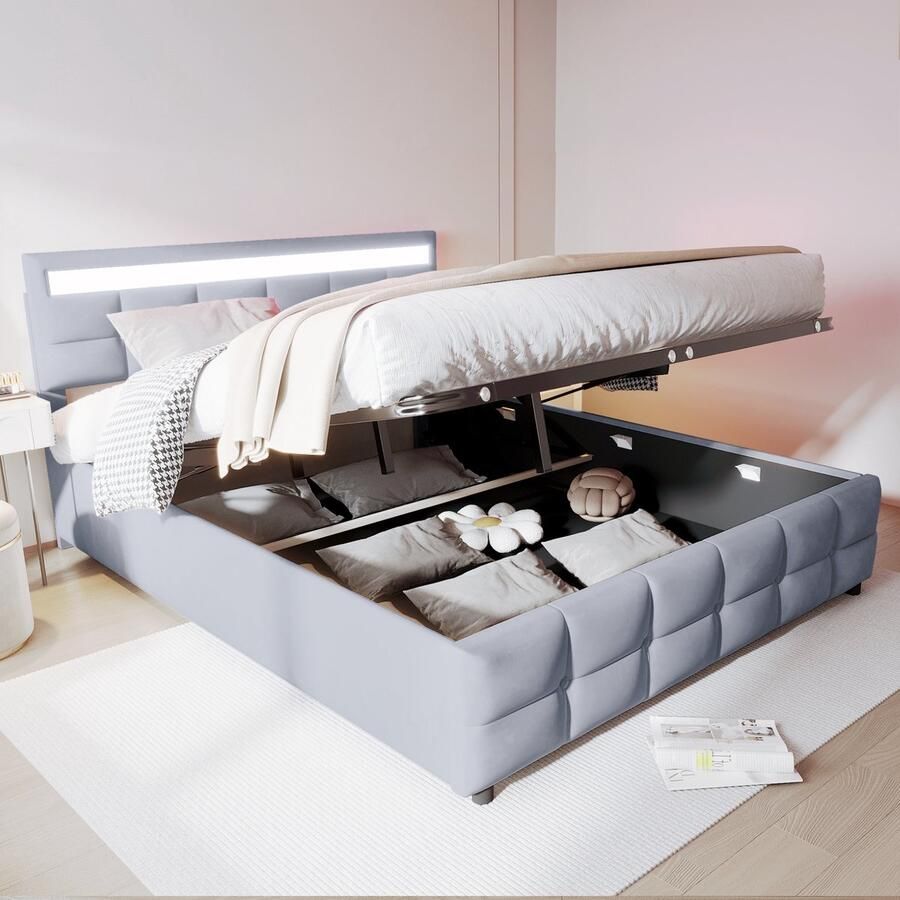 Sweiko Gestoffeerd bed 180*200cm LED-verlichting lattenbodem hydraulisch eenpersoonsbed fluweelstof grijs