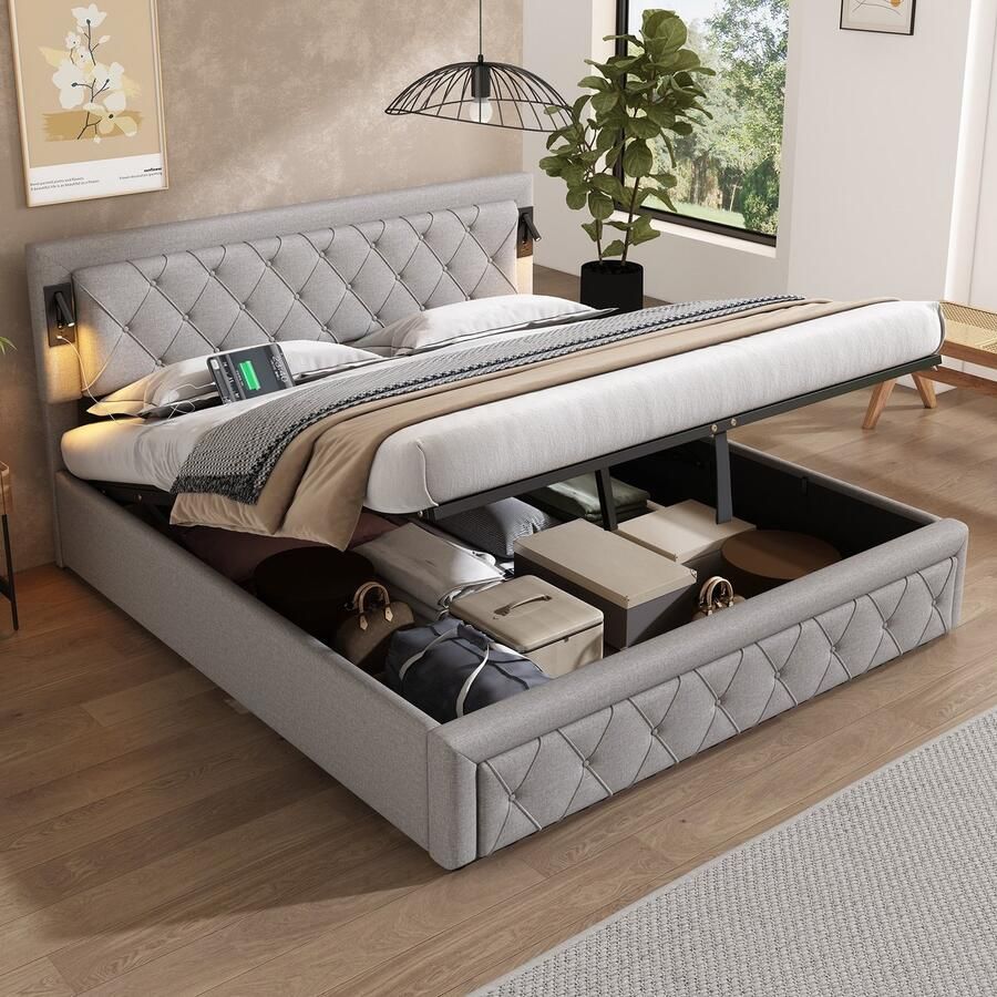 Sweiko Gestoffeerd bed 180*200cm met bedlampje en USB-poort hydraulisch opklapbaar tweepersoonsbed houten lattenbodem linnen grijs