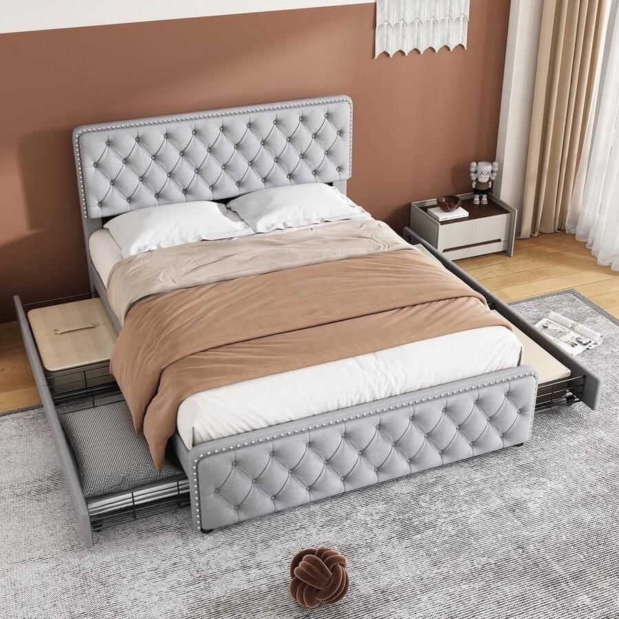 Sweiko Gestoffeerd bed 180*200cm Tweepersoonsbed met vier lades in hoogte verstelbaar hoofdeinde trekstukken en klinknagels aan hoofd- en voeteinden houten lattenframe linnen Lichtgrijs