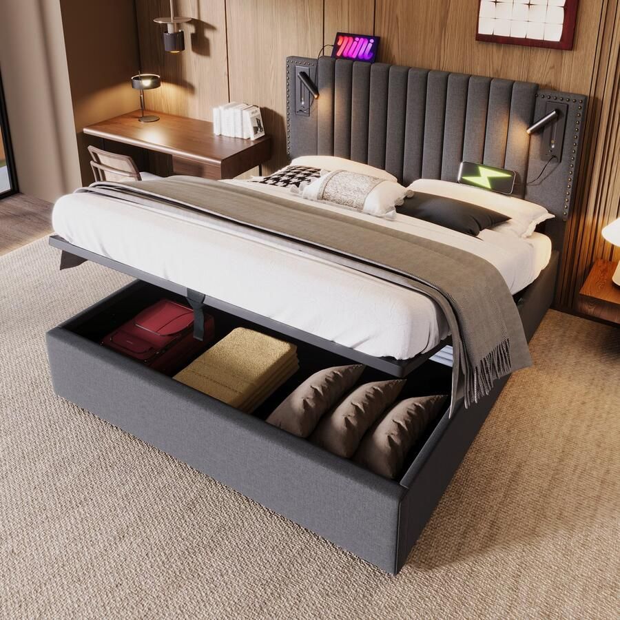 Sweiko Gestoffeerd bed 180x200cm Dubbel bed Opbergbedbox Leeslampje Hoofdbord met USB-oplaadfunctie Klinknagel ontworpen rugleuning bed met Flat noedles frame en bedbox katoen Grijs (Zonder matras)