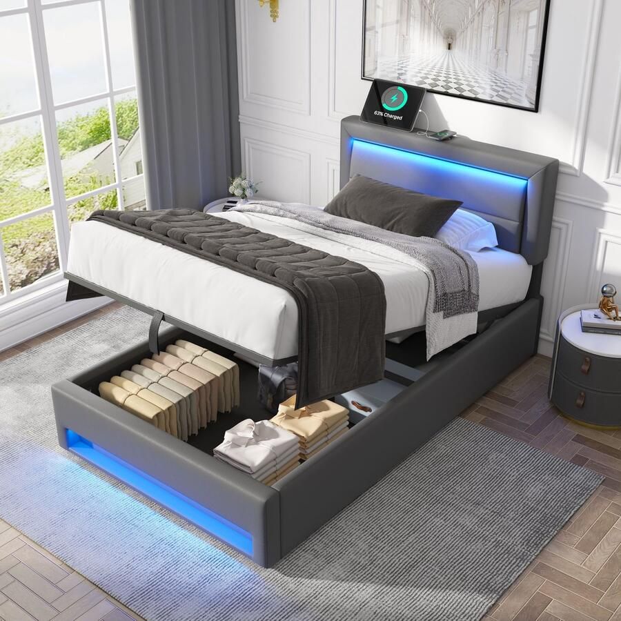 Sweiko Gestoffeerd bed 90 x 200 cm met USB-poort (ondersteunt draadloos en bedraad opladen) met LED-verlichting en opslagruimte zonder matras PU lychee patroon