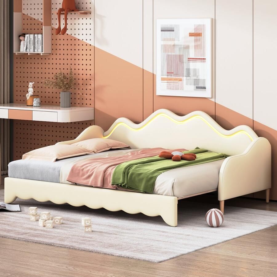 Sweiko Gestoffeerd bed 90(180)*190cm multifunctionele 2-in-1 slaapbank kinderbed van eco-leer met LED verlichting met lattenboden beige