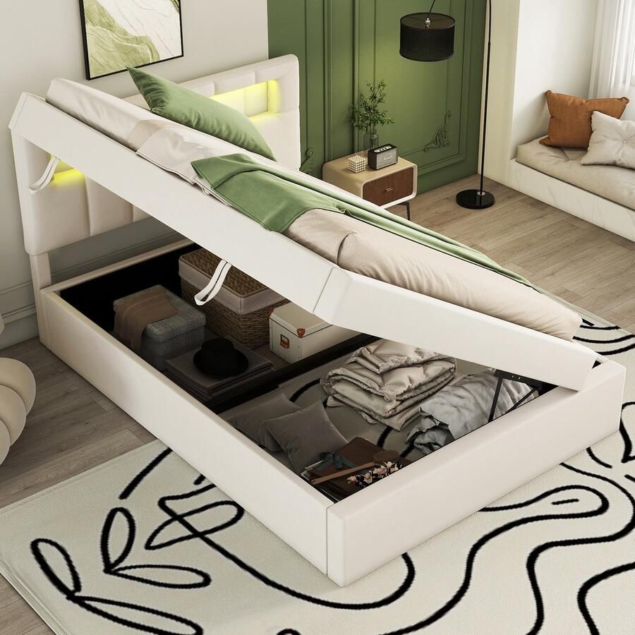 Sweiko Gestoffeerd bed 90*200 cm Eenpersoonsbed LED-verlichting naast het bed De bodem kan worden geopend Grote opbergruimte Minimalistisch ontwerp Beige