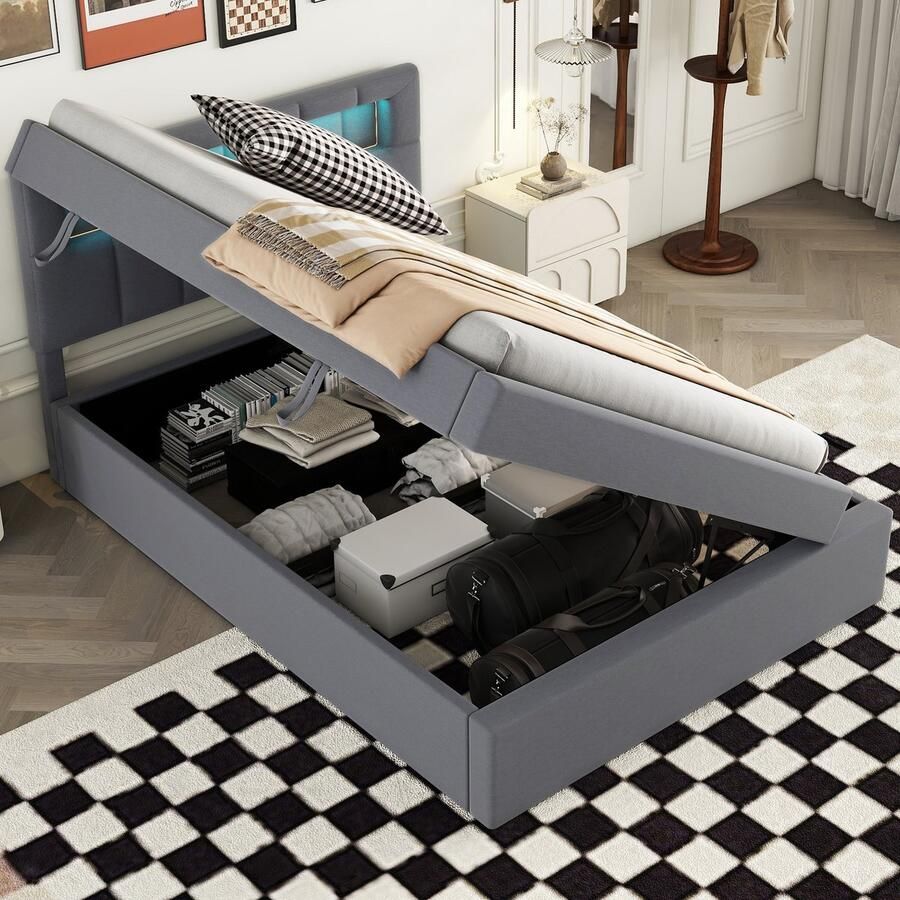 Sweiko Gestoffeerd bed 90*200 cm Eenpersoonsbed LED-verlichting naast het bed De bodem kan worden geopend Grote opbergruimte Minimalistisch ontwerp Grijs