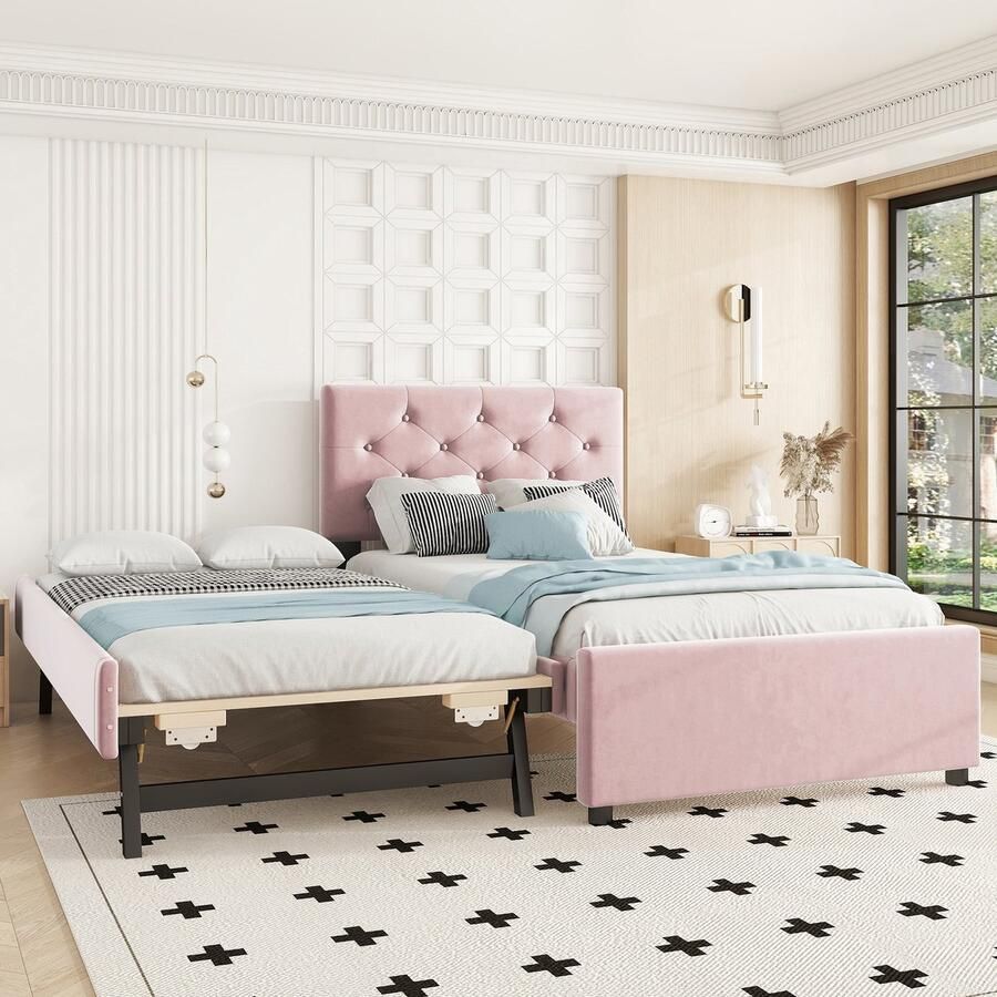 Sweiko Gestoffeerd bed 90x200 cm met onderschuifbed fluweel zonder matras roze