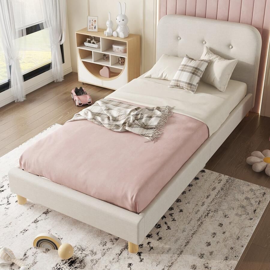 Sweiko Gestoffeerd bed 90x200cm Eenpersoonsbed(zonder matras) Linnen Minimalistische stijl Beige