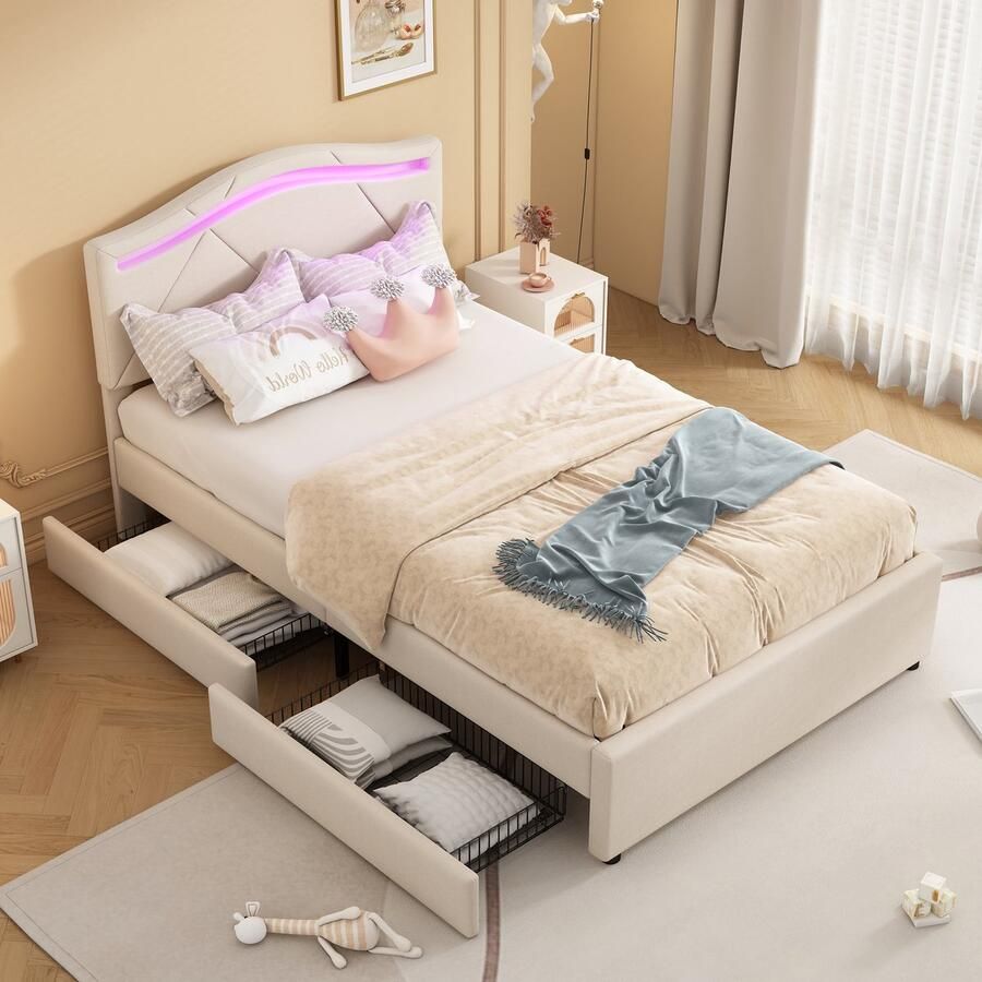 Sweiko Gestoffeerd bed 90x200cm LED-verlichting twee lades linnen zonder matras beige