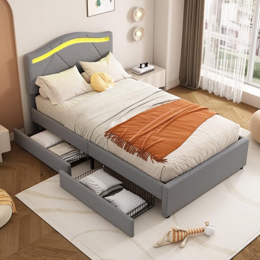 Sweiko Gestoffeerd bed 90x200cm LED-verlichting twee lades linnen zonder matras grijs