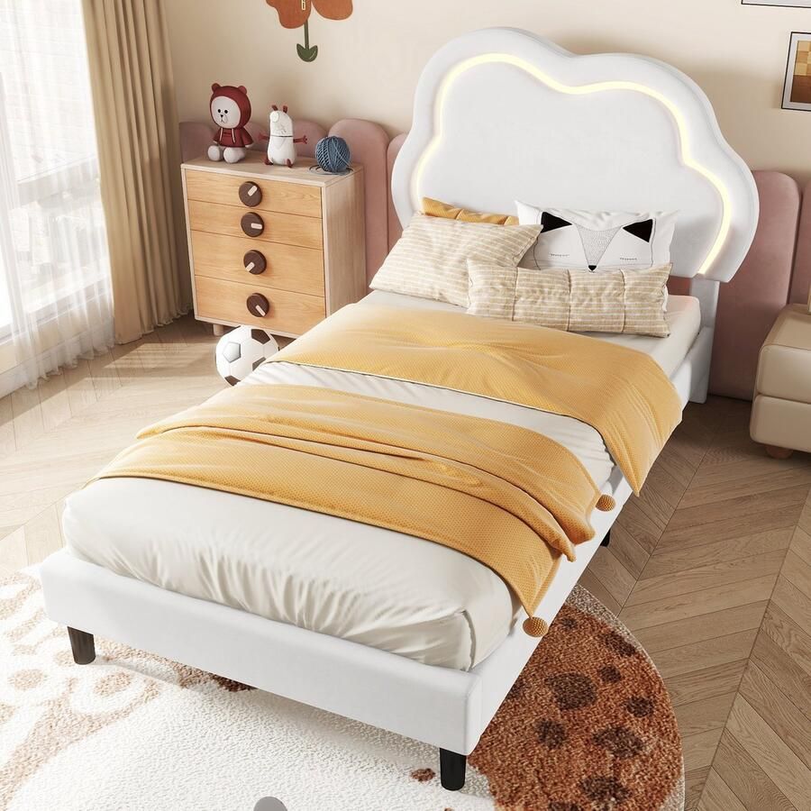 Sweiko Gestoffeerd bed 90x200cm met lattenbodem LED-verlichting verstelbaar hoofdeinde velours zonder matras beige