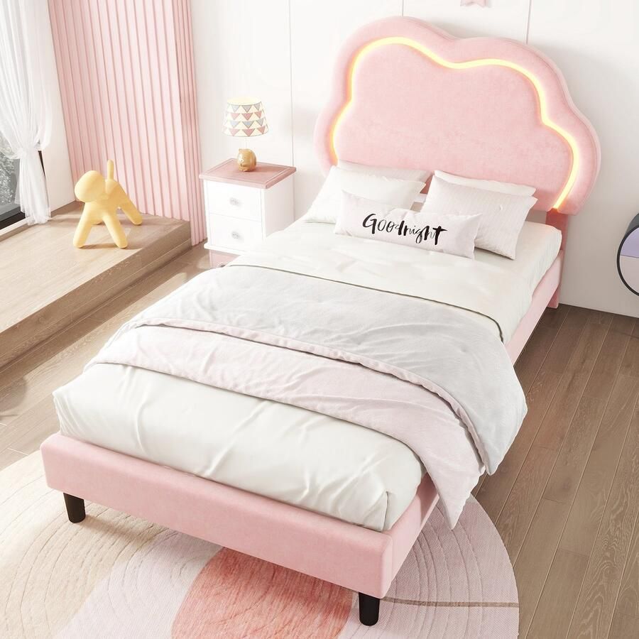 Sweiko Gestoffeerd bed 90x200cm met lattenbodem LED-verlichting verstelbaar hoofdeinde velours zonder matras roze