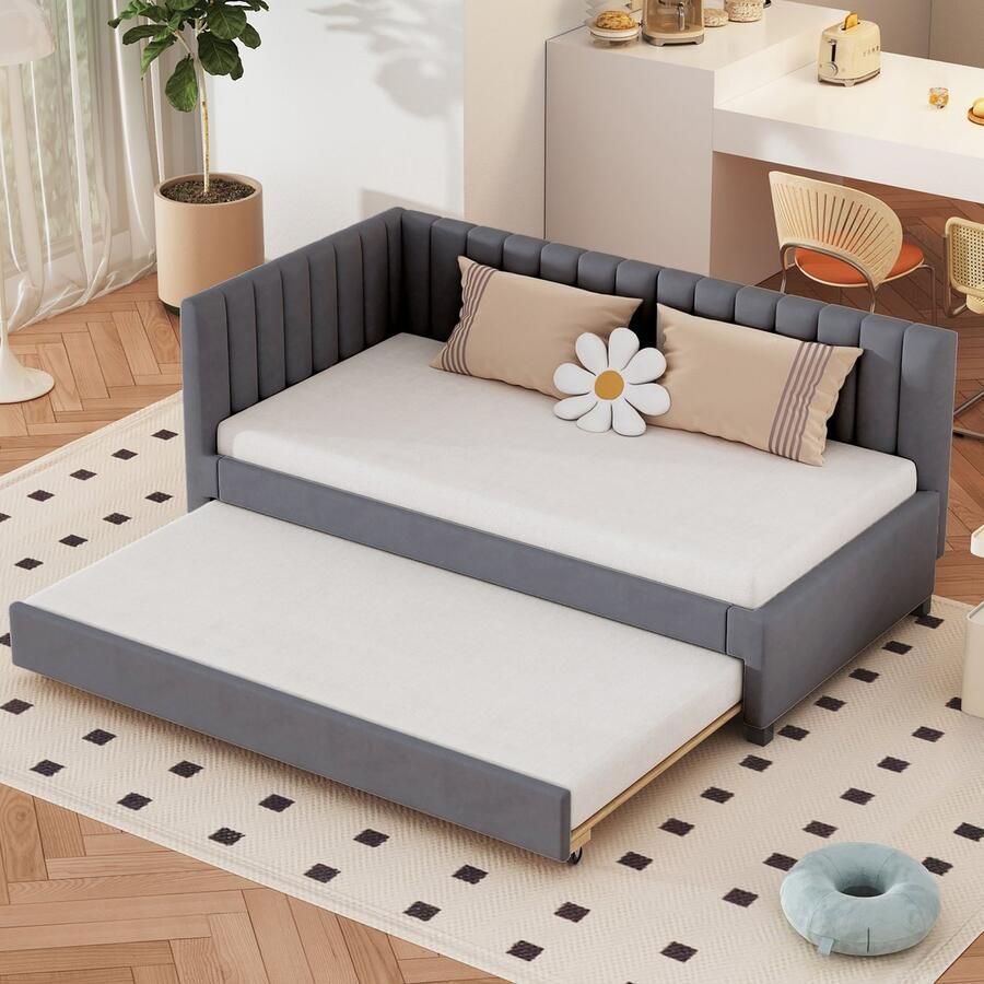 Sweiko Gestoffeerd bed 90x200cm Uitschuifbare Slaapbank Multifunctioneel bed met plat noedelsframe jeugdbed kinderbed gastenbed Fluwelen stof Grijs (Geen matras)